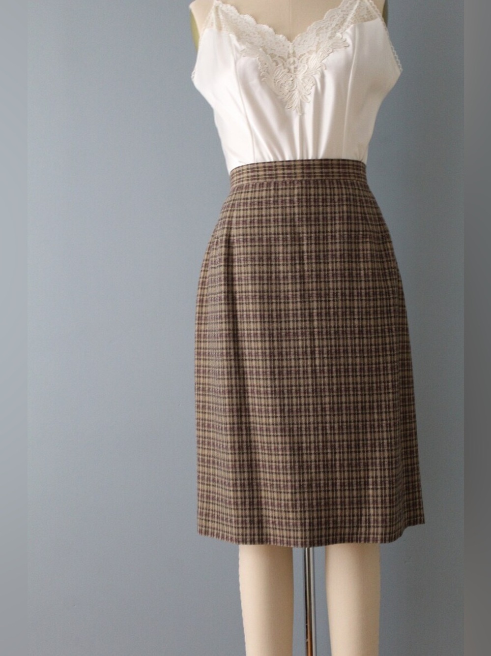Liz Claiborne vintage Brown pencil Plaid A-Line Skirt preppy linen size 12P
